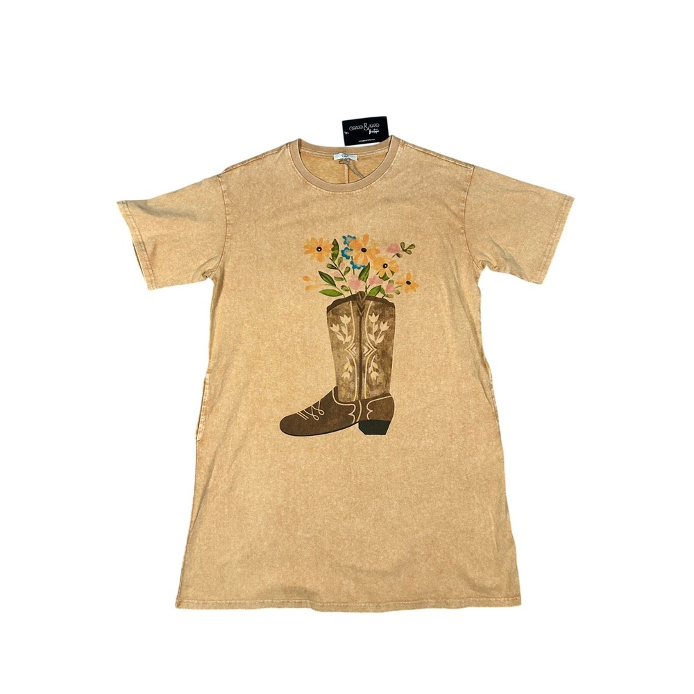 Easel T-Shirt Dress Western Boho Cowboy Boot Floral Size Small NEW